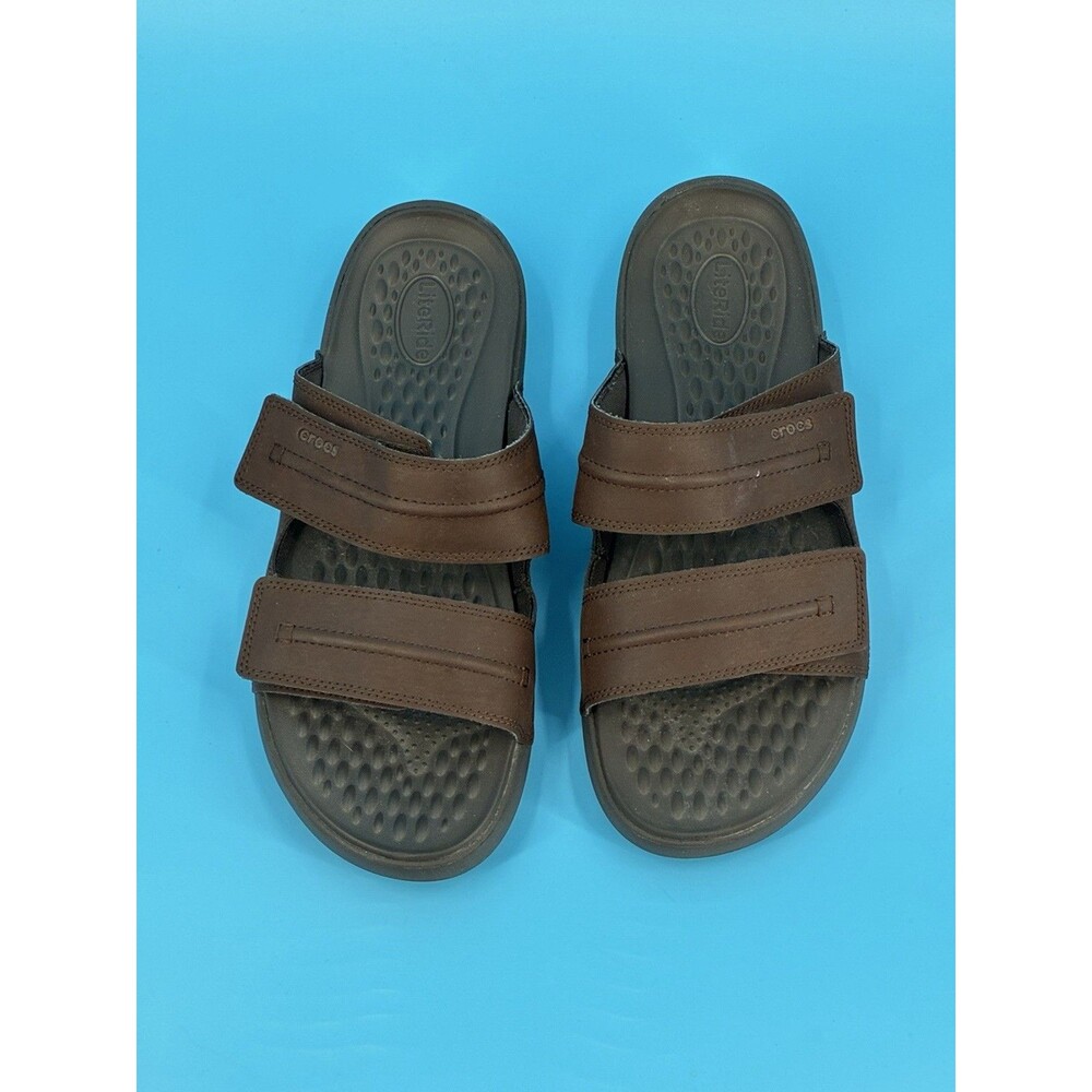 Crocs LiteRide Leather Slide Sandals Men’s 13 Brown Adjustable Strap